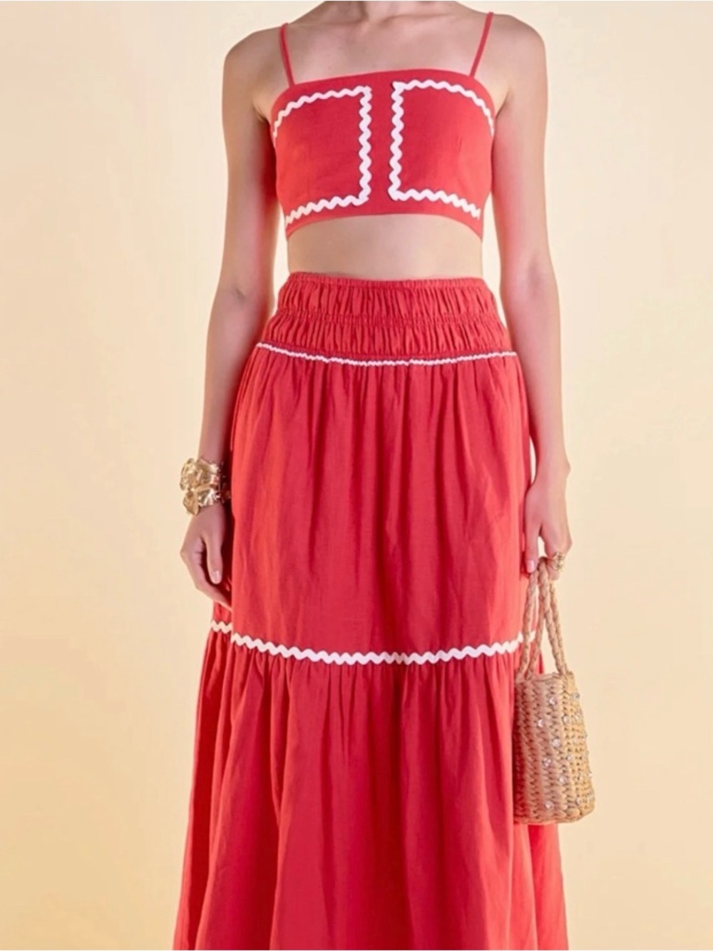 English Factory Red Two Piece Set Maxi Skirt & Crop Top with White Rick Rack!